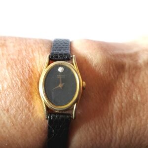 Seiko Gold and Black Watch Diamond Accent White Sapphire Crystal Leather Band